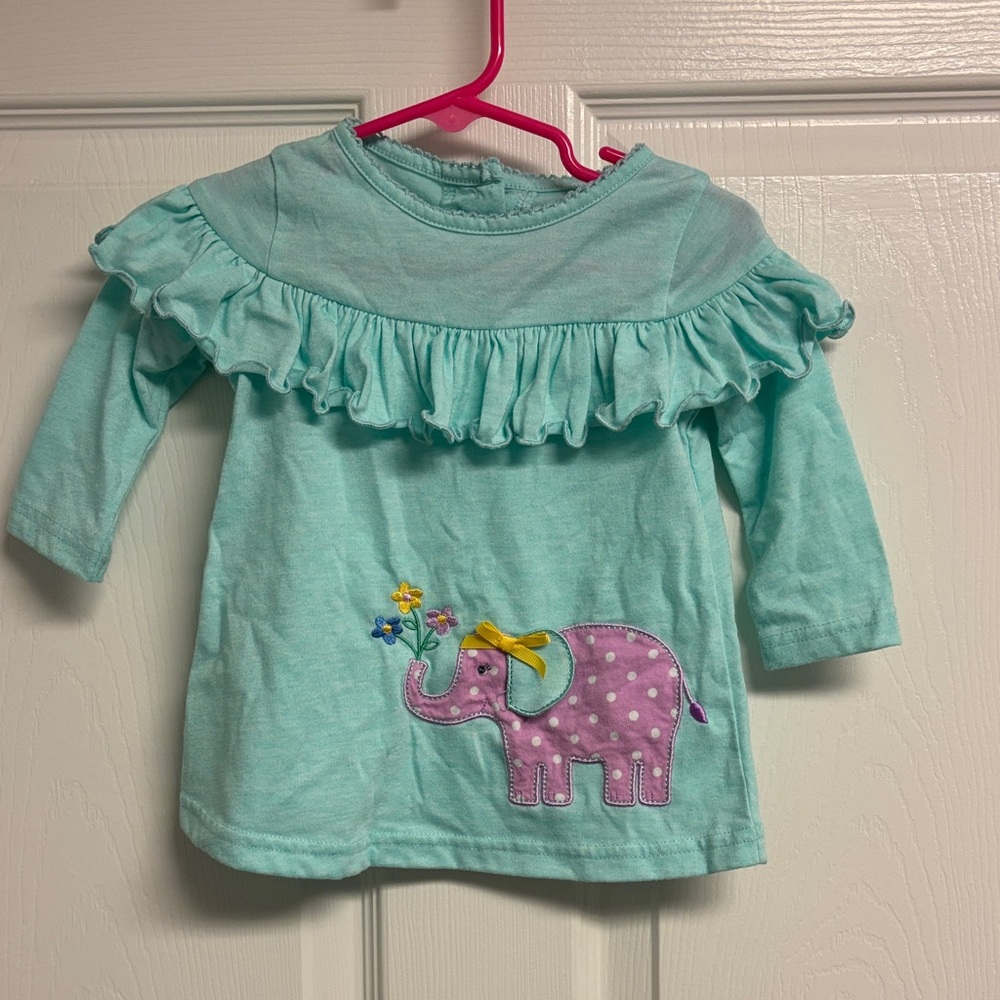 Good Lad Aqua Ruffle Top with Pink Elephant